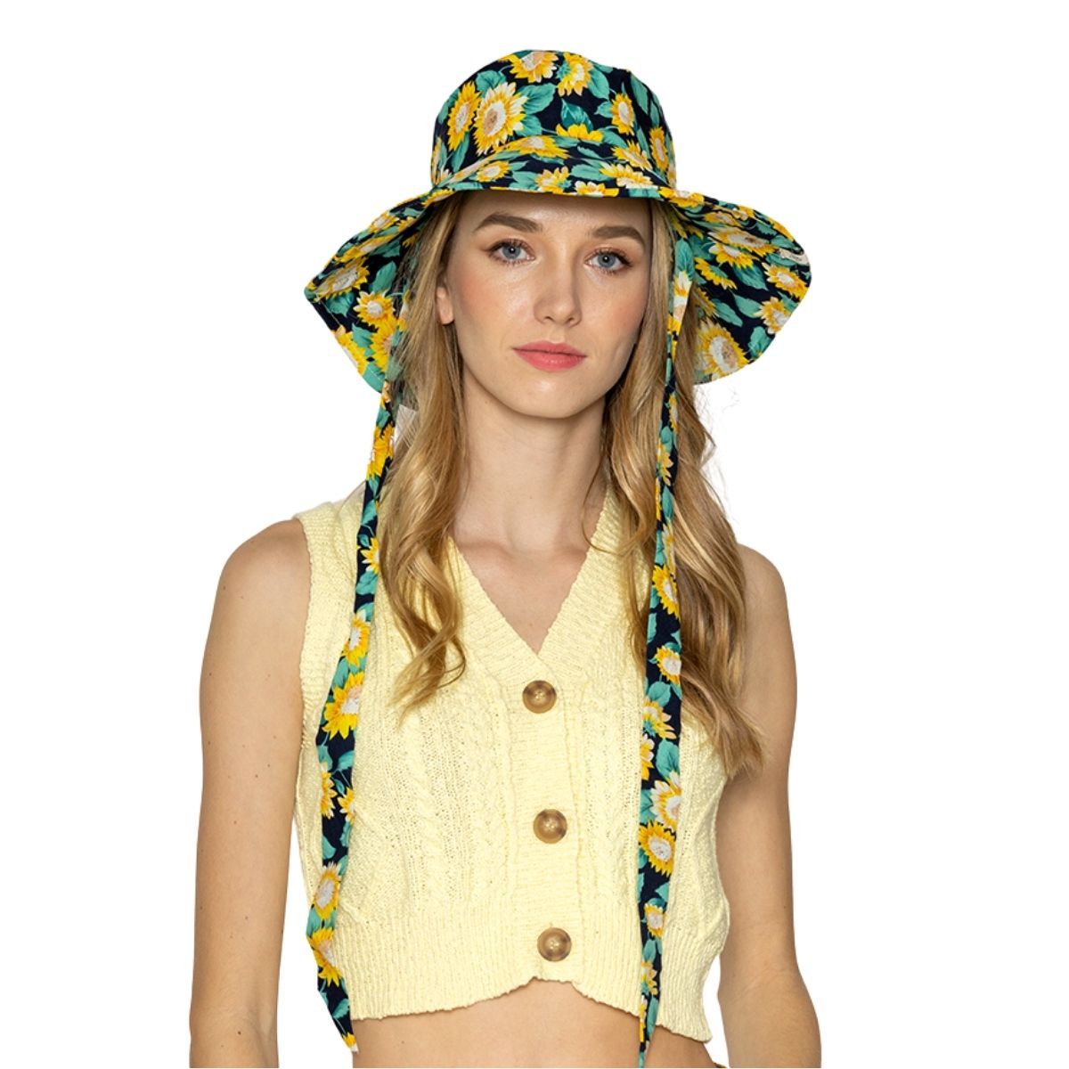 Bucket Hat with Chin Tie Navy Sunflower Print Stylish Casual Accessory