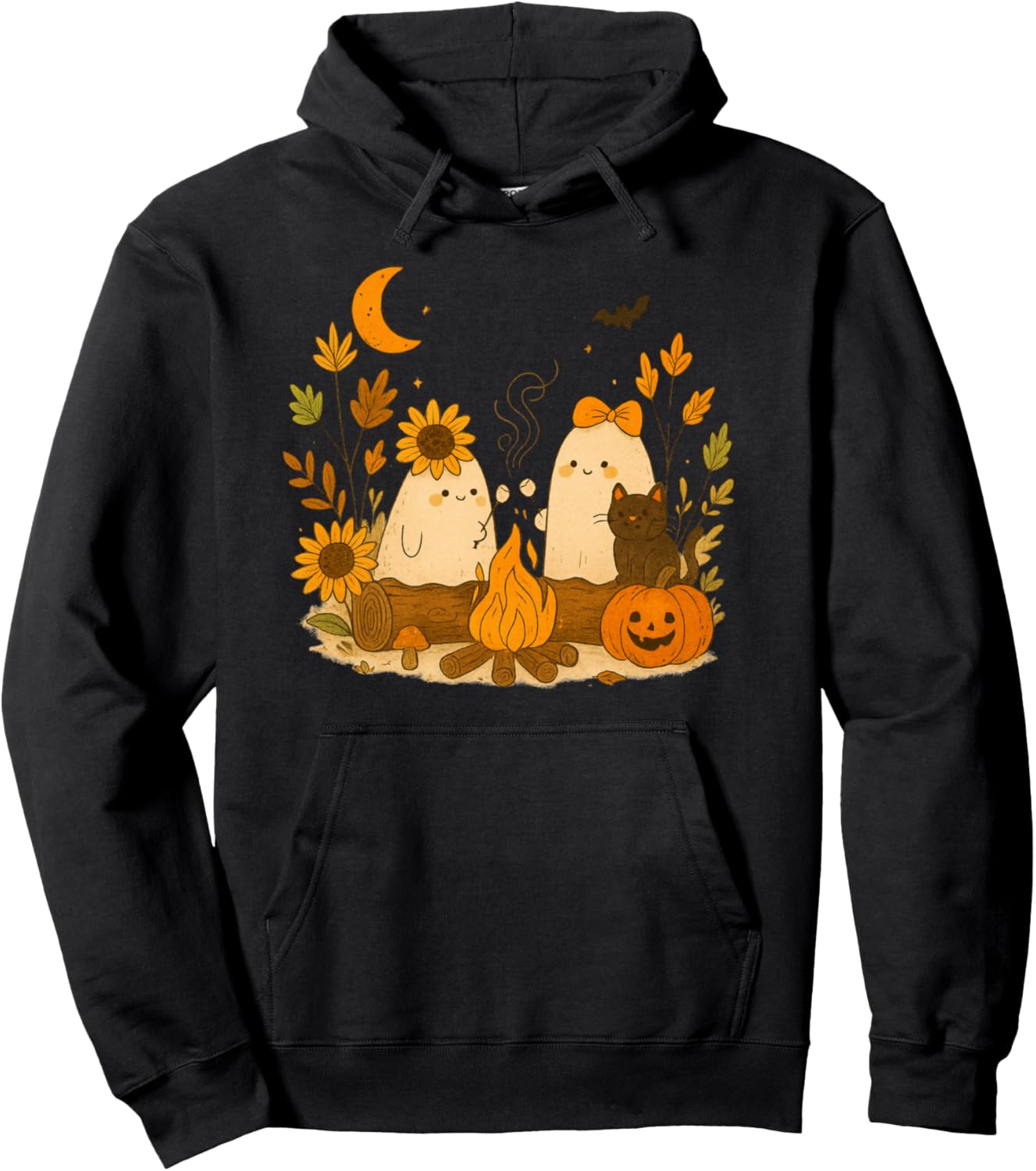 Funny Ghost Camping Campfire Halloween Marshmallow Sunflower Pullover Hoodie