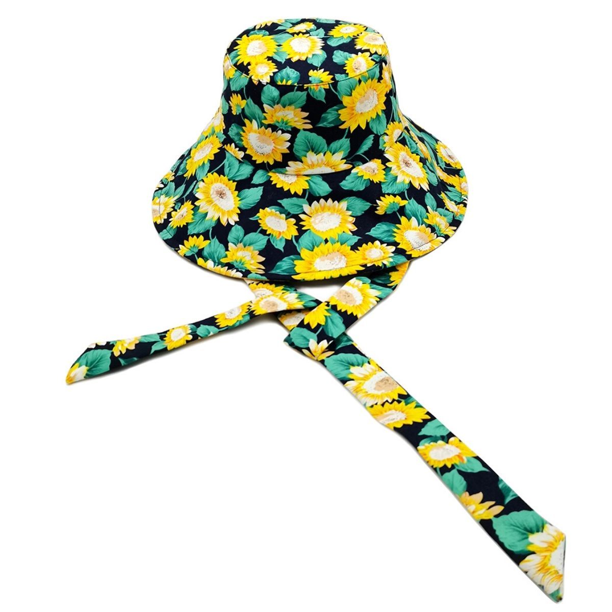 Bucket Hat with Chin Tie Navy Sunflower Print Stylish Casual Accessory